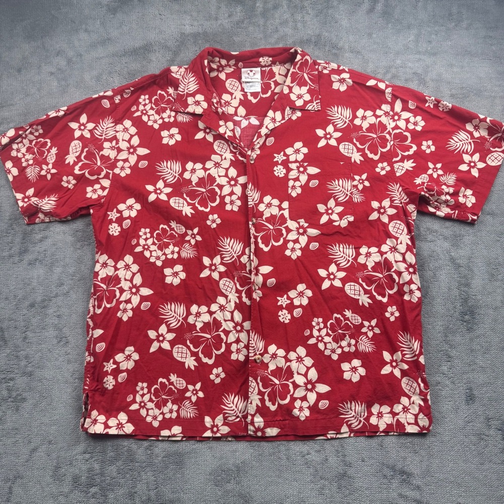 Disney Store Y2K Retro Hawaiian Shirt Red Floral Beach Graphic Large